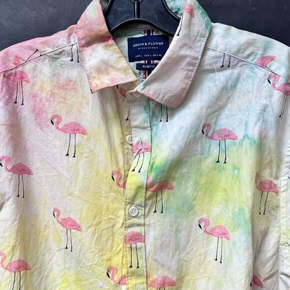 Denim & Flower NWT Tie Dyed Pink Flamingos Cotton Aloha Shirt Size Large Hawaii - Picture 6 of 8